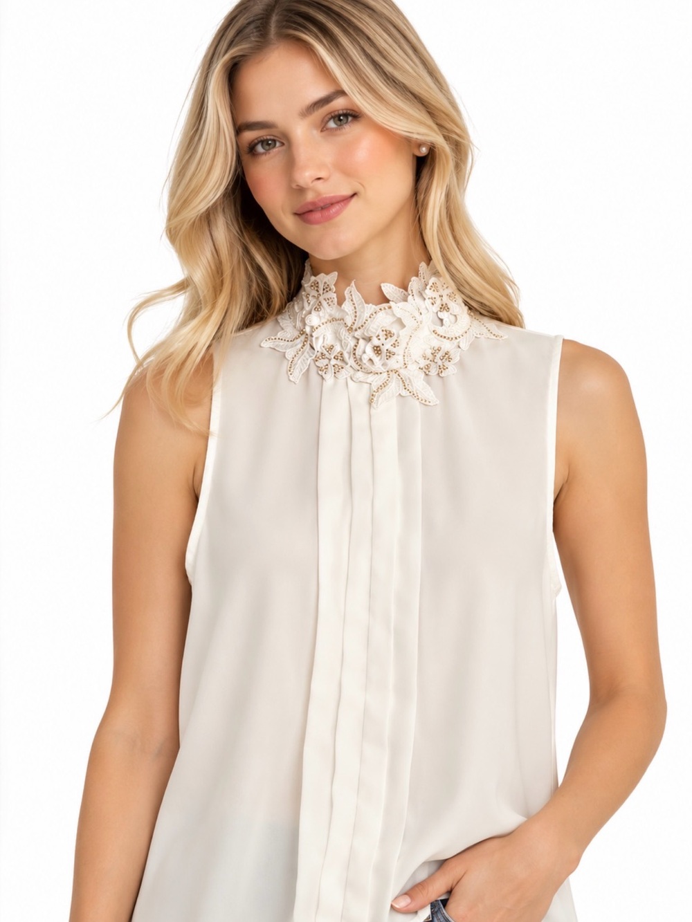 Zara Basic Collection Ivory Lace Embellished Sleeveless Blouse XS